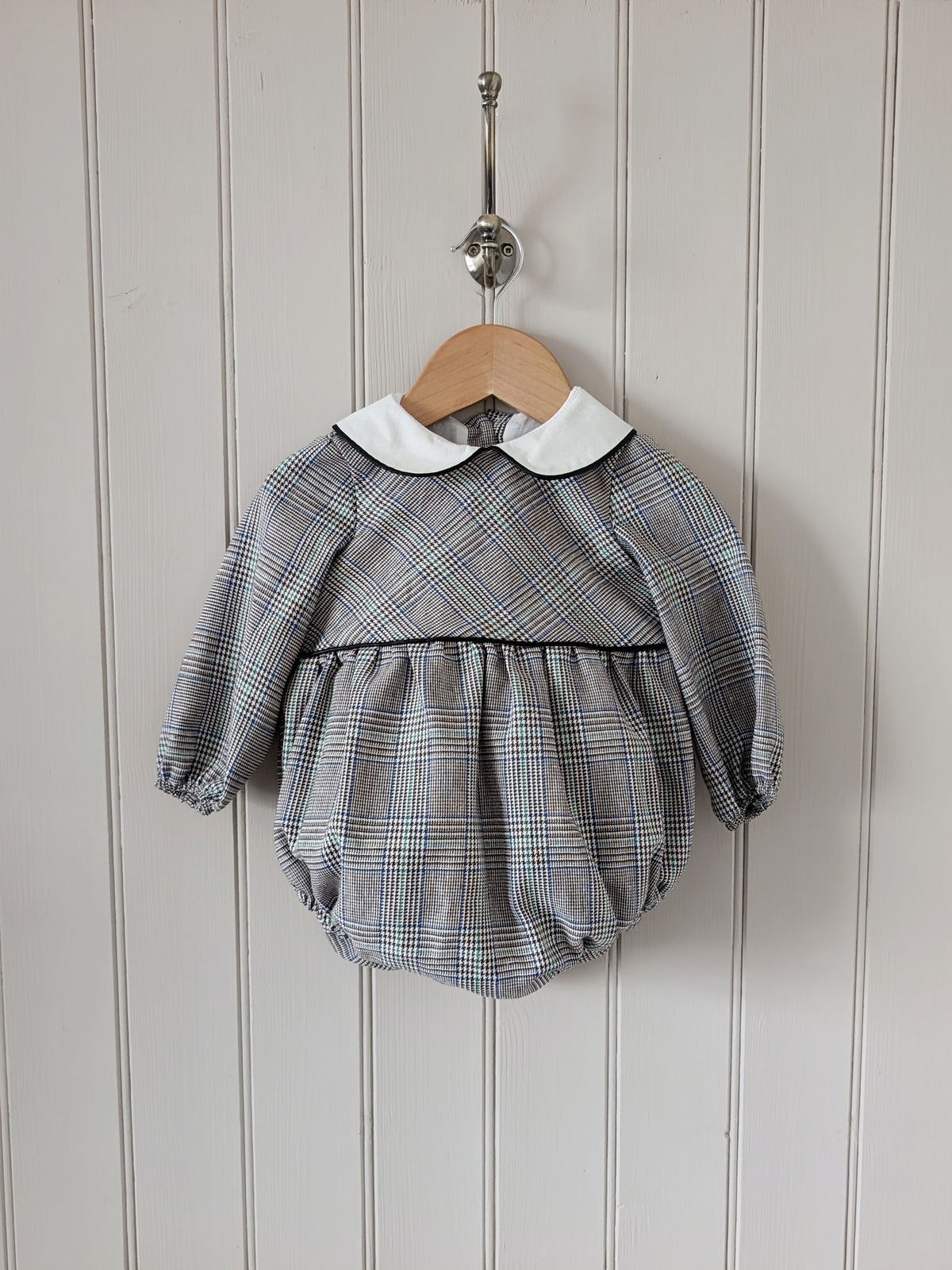 Black & Grey checkered baby romper. Peter pan collar & piping to the bodice 