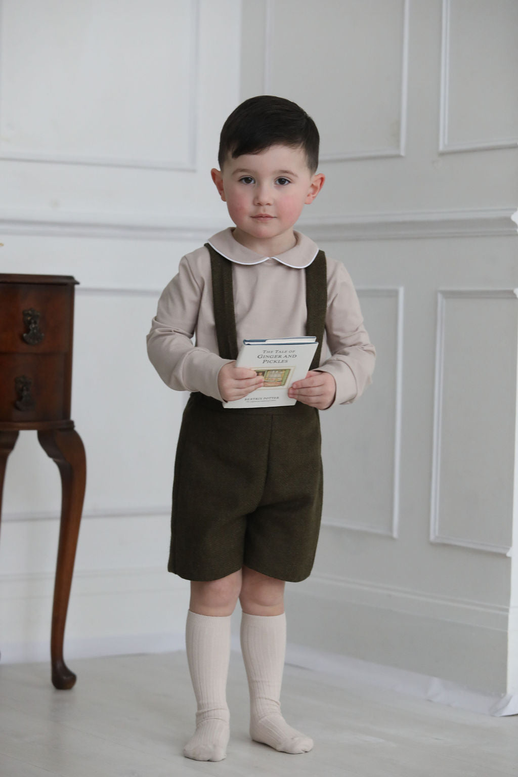 Boys Tweed Braced Shorts in Country Green