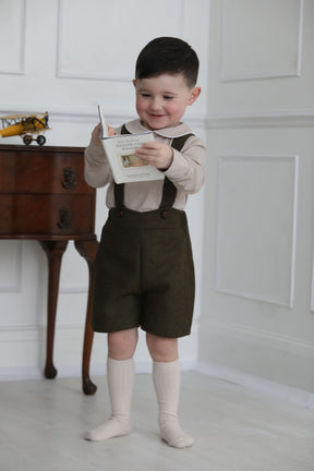 Boys Tweed Braced Shorts in Country Green