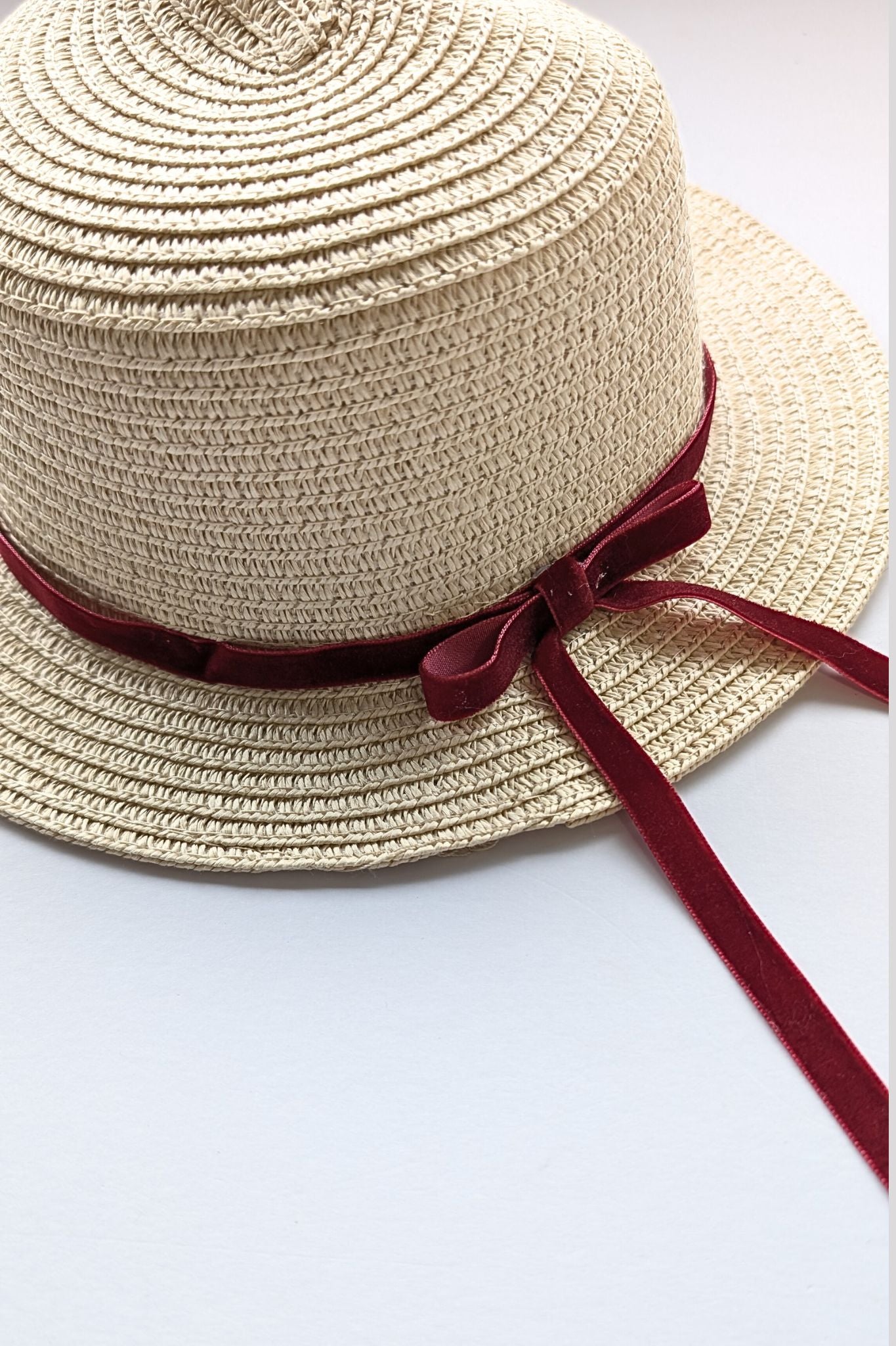 Straw Boating Hat | Red Velvet Bow